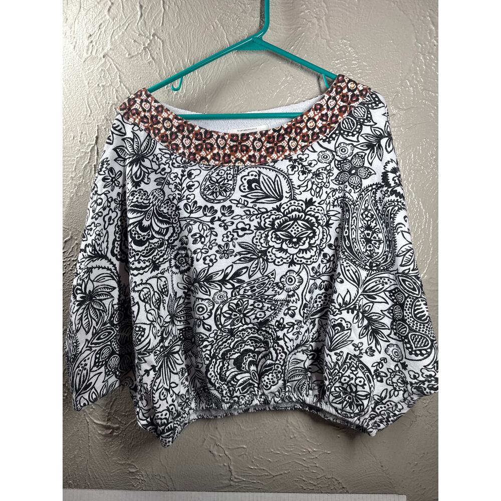 Anthropologie Samia French Terry Top Floral Dolman Elastic Hem White Black XS